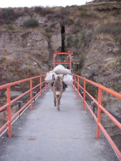 Crossing a bridge in Chivay, Peru